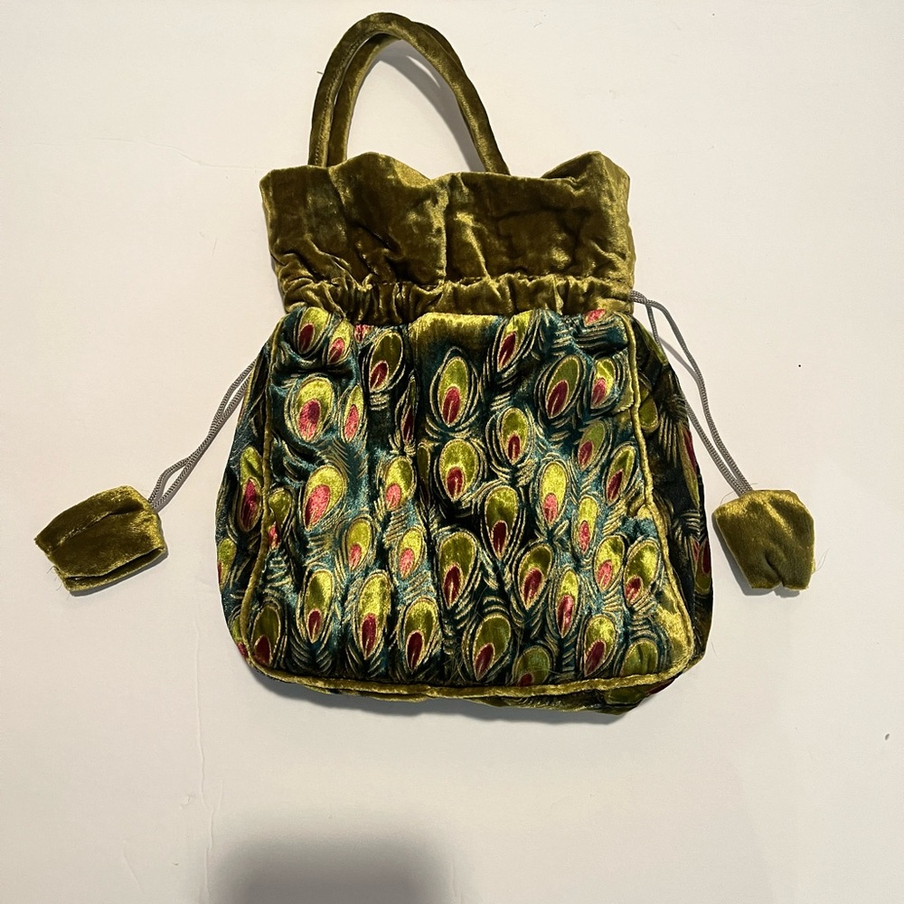 J&X NY‎ Peacock Handbag Vintage Drawstring Green Soft